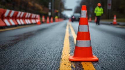 Construction zone setup on city road Orange cones act as a safety barrier on the street, directing traffic and warning drivers of construction work ahead.