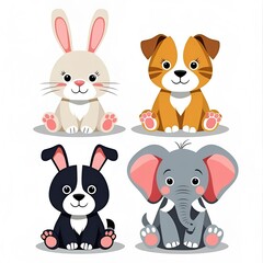 Fototapeta premium Charming set of four different plush animals sitting in a row. A collection of cute, soft stuffed toys including a bunny, dog, elephant, and teddy bear. Isolated 3D illustration on white