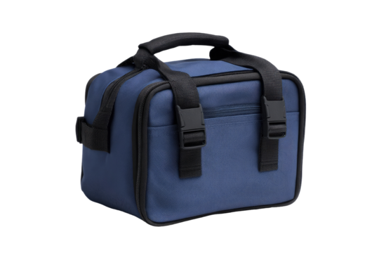 A navy blue insulated lunch bag with black accents.  It has handles and adjustable straps