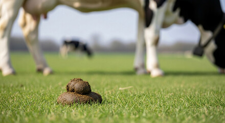 Obraz premium Close-up of Fresh Cow Dung on Grass with Cow Legs in Background