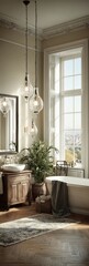A light-filled, elegant bathroom with antique-style fixtures and hanging pendant lamps