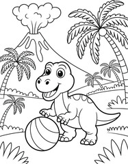 Cartoon dinosaur playing with a ball near a volcano