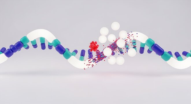 Blockchain Data Integrity shown as a vibrant 3D DNA helix under attack by red mutant data, while white defense orbs respond to the harmful disruption within the structure.