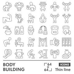 Body building symbols collection or sketches, strong men theme in thin line style signs for web and app. Vector graphics isolated on white background.