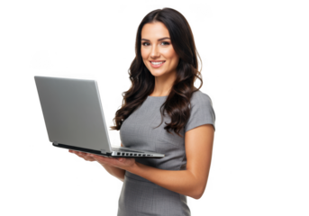 Young woman holding laptop isolated on transparent background