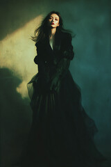 Fototapeta premium Elegant Woman in Flowing Black Gown with Dark Romantic Mood