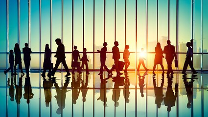 Silhouettes of diverse people walking in a modern office building lobby with bright sunlight streaming through glass windows creating reflections on the floor