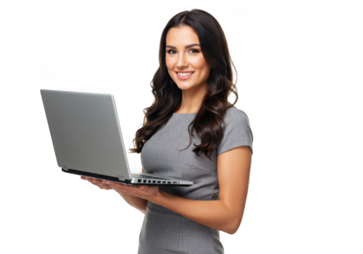 Young woman holding laptop isolated on transparent background