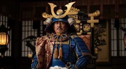 Emperor of Japan in Royal Blue Armor Inside the Throne Chamber with Deep Shadows and Carved Gold Surroundings Reflecting His Power