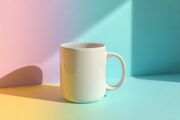 White ceramic mug on pastel backdrop with floating shadow, surreal symmetry, space for logo 