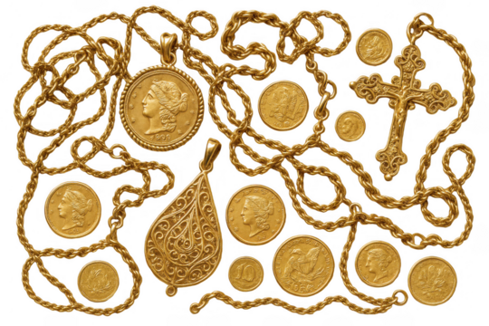 Luxurious Gold Jewelry and Coins: A Collection of Ornate Chains, Pendants, and Currency Symbolizing Wealth and Heritage