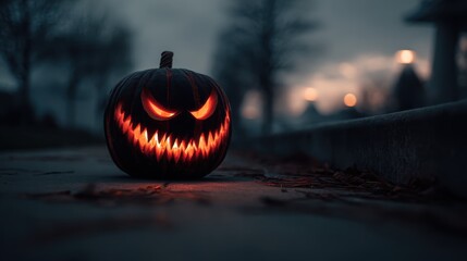 Glowing jack o' lantern sitting on cracked sidewalk during twilight, casting haunting shadows and embodying festive halloween spirit with carved menacing expression