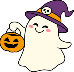 Happy Ghost with Pumpkin Bucket (Color Outline Illustration)