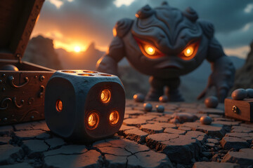 Stone Dice on Cracked Ground at Sunset with Monster in the Background
