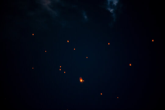 Releasing sky lanterns at Buddha's Birthday (Visak Bochea) in Kol Tor Teung Pagoda - Kandal, Cambodia - 05, 11, 2025