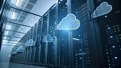 Cloud computing technology in server room data center for network and internet storage system, information security and digital connection