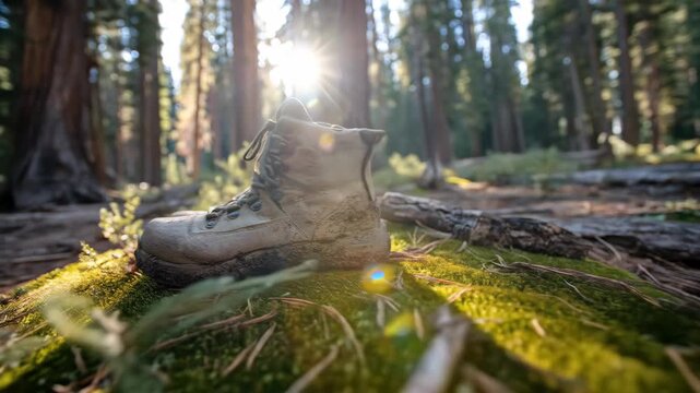 weathered hiking boot surrounded by lush forest sunlight