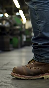 Impatiently tapping feet in scuffed work boots betray anticipation: A close-up of a worker awaiting the completion of a large industrial machines cycle.