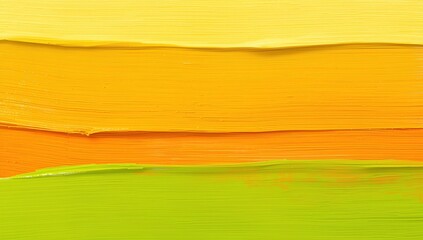 A fresh, energetic acrylic brushstroke composition with horizontal layers flowing from bright lemon yellow, golden orange, tangerine, to vibrant lime green. The strokes have visible texture and dynami