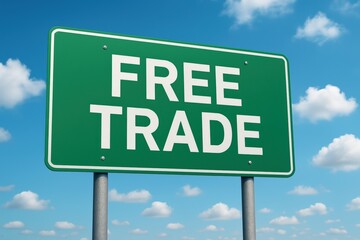 Green Free Trade sign stands tall against bright blue sky symbolizing global economics, import and export with international partnership.