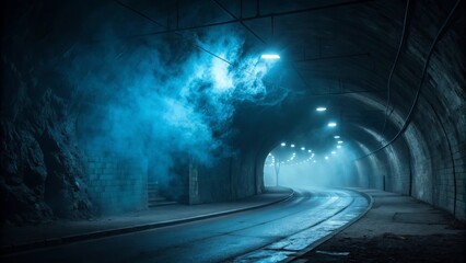Eerie blue mist fills a dark abandoned tunnel with glowing lights