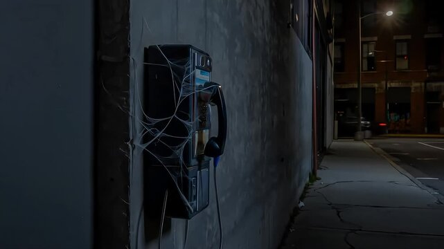 A time-lapse of a desolate, cobweb-covered payphone on a dark city street as night falls, a relic of obsolete technology
