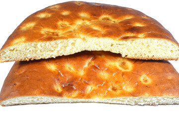 Two Halves of Plain Turkish soft bread made of Yoghurt Yogurt, flour, yeast, Turkish bread commonly made in Ramadan fasting month, served plain or with other toppings like Thyme, Rumi Cheese