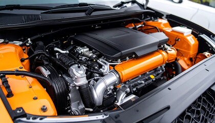 Close-up of orange car engine bay