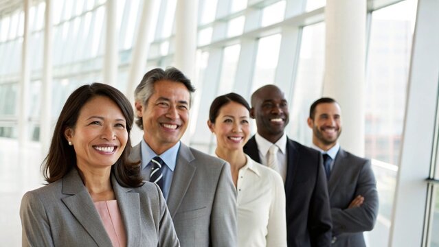 Diverse business team of professionals standing in a modern office lobby, smiling and looking at the camera with confidence and happiness