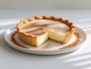 Melktert dessert on white plate with slice removed and cinnamon dusting on a light surface
