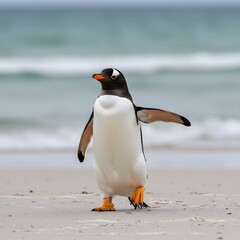 Naklejka premium a Gentoo penguin standing on a sandy beach, wings outstretched and one leg raised. penguin has a black head, white belly,King Penguin Aptenodytes patagonicus Chicks in Creche in the rain. 
