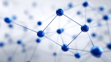 Abstract blue spheres linked by lines. It represents connection, networking, and modern technology in a clean, minimalist style. Molecular structure.