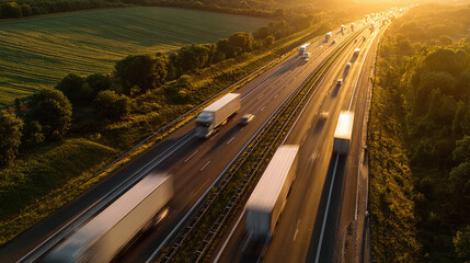 Highway traffic at sunset: a busy multilane road filled with trucks and cars, bathed in golden light, cutting through a lush green landscape. #transportation