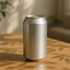 Obraz premium Silver Juice Can Mockup on Wooden Table with Leaf Shadow Indoors