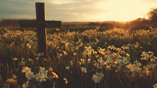 Wooden cross amidst a field of flowers at sunset, creating a serene and contemplative scene. Symbolizing faith and remembrance, bathed in warm light. - Powered by Adobe