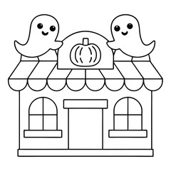 Adorable Halloween Shop with Cute Ghosts and Pumpkin Decoration autumn building