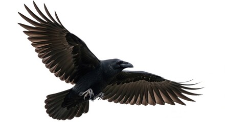 Majestic Raven Soaring Against a White Background