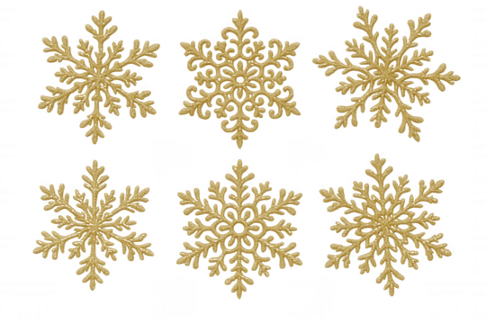 Six Glittering Golden Snowflake Ornaments Displayed in a Grid Pattern, Evoking Winter Celebrations and Festive Decor