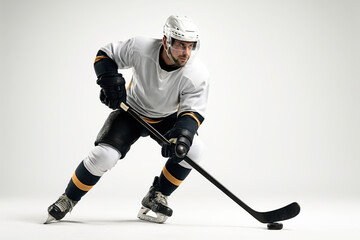 Obraz premium Photorealistic full-body male ice hockey player skating with puck and stick, isolated on white. Concept of winter sport, strength and reflex, athlete branding, speed in motion.