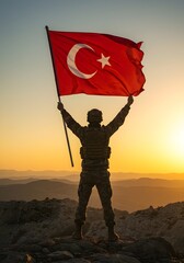 Turkish Military Hero Framed by Sunset with Flag