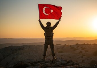Turkish Soldier Holding Flag on Cliff During Golden Hour