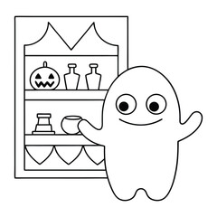 Friendly ghost next to a Halloween display shelf with pumpkin character