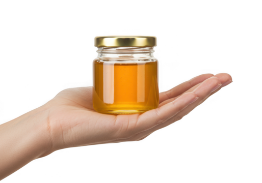 Hand holding small jar of golden honey isolated on transparent background