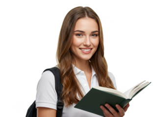 Young woman student holding open book isolated on transparent background