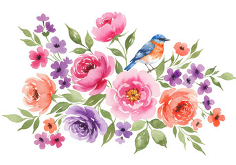 Watercolor painting of a bluebird perched on a floral arrangement of pink, purple, and orange roses and peonies isolated on transparent background