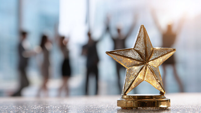 Gold star award symbolizing achievement, with team celebration in the background. Representing excellence, success, and the recognition of outstanding work.