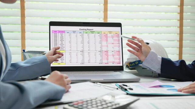 Expert woman asian people discuss review data number costing managerial account prepare monthly actual cost variance report income tax at audit office. ESG budget control ERP process service project.