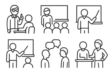 Educational icons: teaching and learning scenes in classroom settings