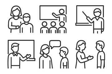 Educational icons illustrating classroom interaction and teaching scenarios