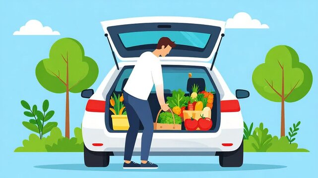 Person loading groceries into car trunk on sunny day